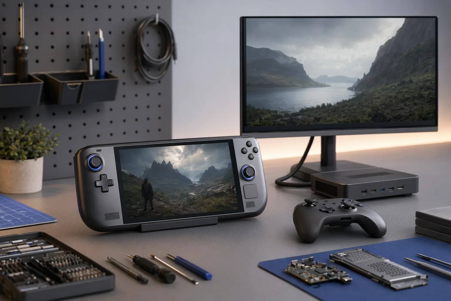 A generic handheld PC, dock, controller, and monitor arranged as a Linux gaming workbench