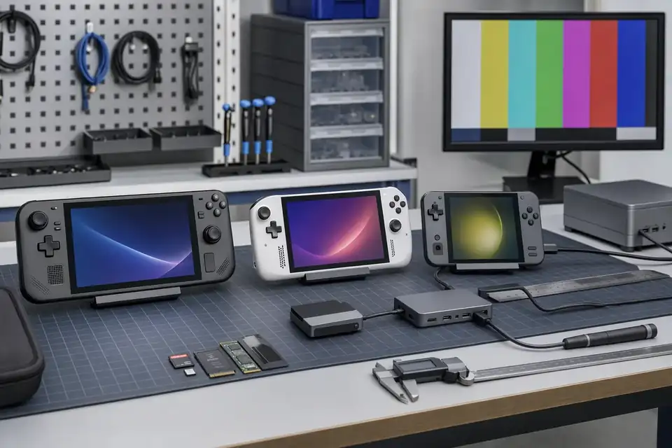 Three generic handheld PCs on an organized hardware compatibility test bench