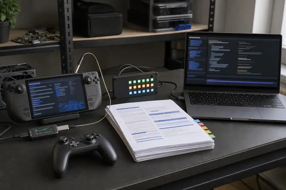 A generic Linux gaming test bench with a handheld PC, controller, review notes, and a maintenance workstation