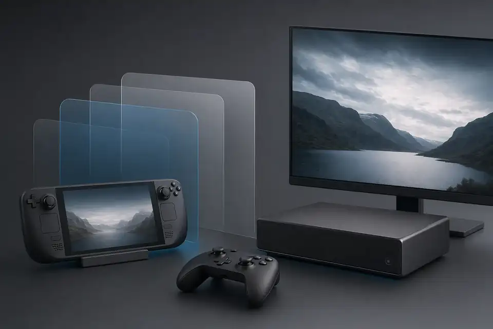 A generic handheld, living-room PC, controller, and display presented as one layered Linux gaming ecosystem